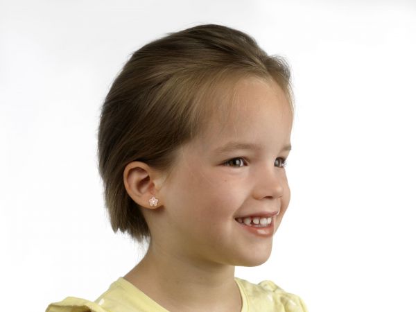 LISA arany gyermek fülbevaló csavaros rózsaszín szirmos virág JTAG-0313